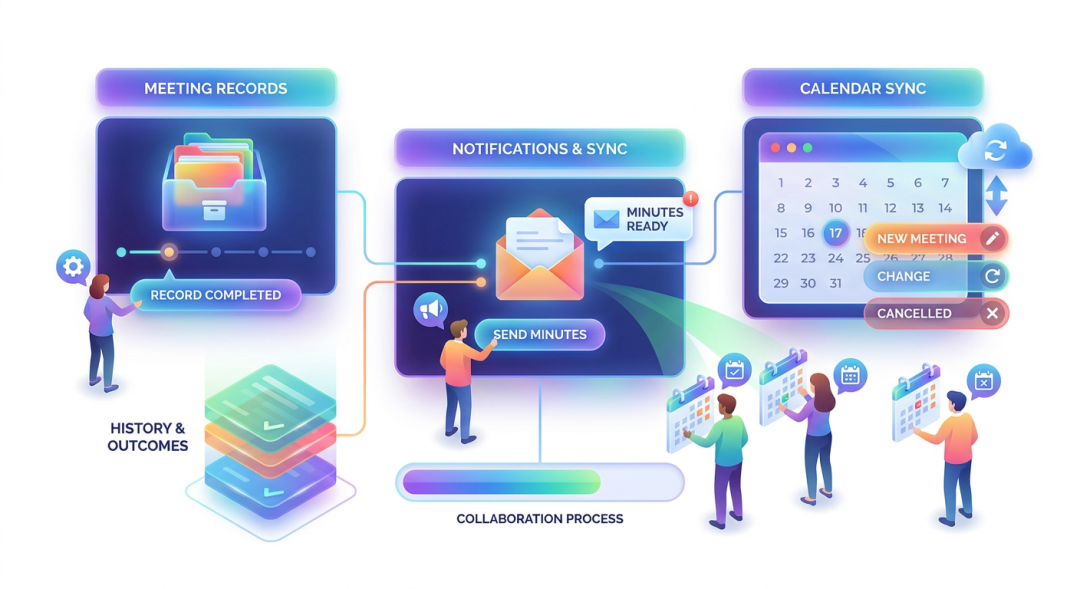 Completed meeting records, minutes notifications, and client calendar synchronization