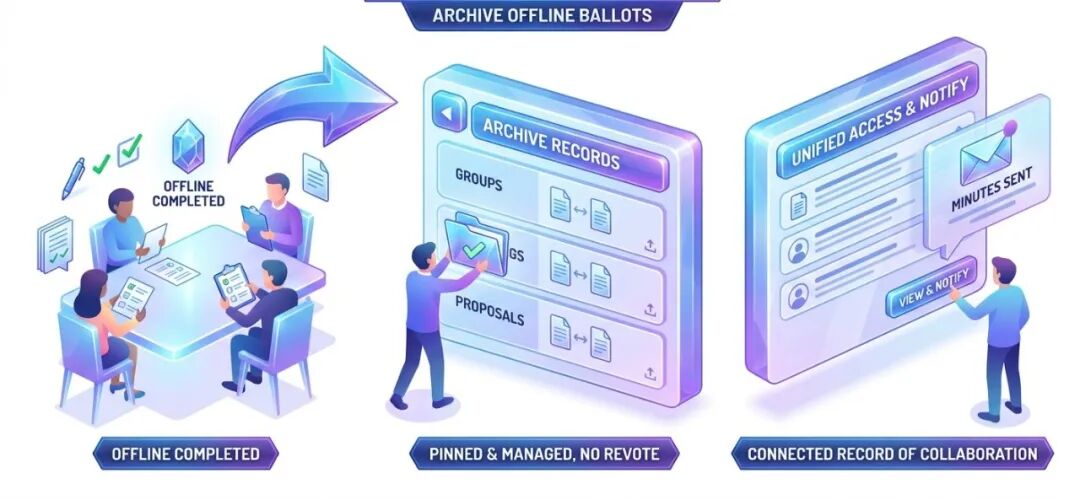Archiving offline ballot materials and minutes with participant notifications